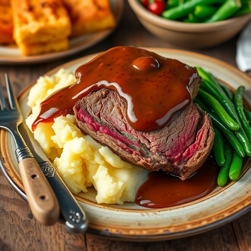 Savory Braised Beef Roast with Rich Gravy A mouthwatering beef roast topped with rich gravy, served with mashed potatoes and green beans on a rustic plate.